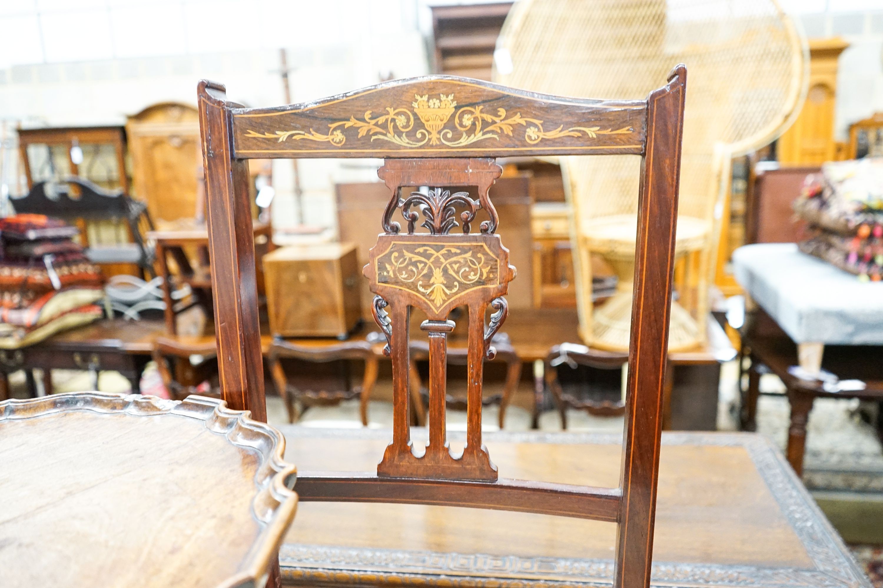 A George II style circular mahogany tripod table, diameter 50cm, height 61cm together with an Edwardian inlaid salon chair